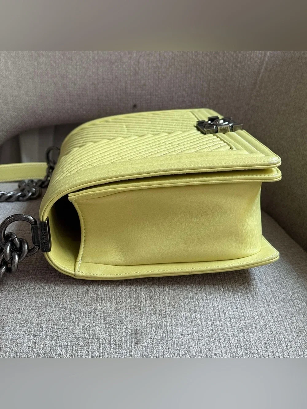 CHANEL Lime Green Chevron Quilted Shoulder Bag with Gunmetal Chain